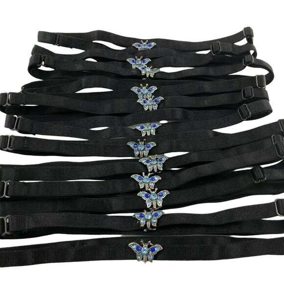 Set Of 12 Adjustable Black Elastic Butterfly Headbands Blue Rhinestone Accents - Picture 2 of 7
